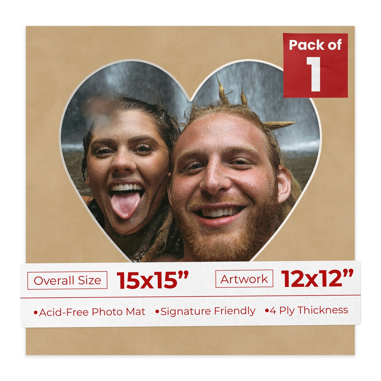 Beige Suede Mat Board for 15x15 Frames - Heart Opening for 12x12 Photos